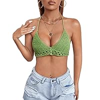 Women's T-Shirts Tied Backless Halter Open Knit Crop Top T-Shirts