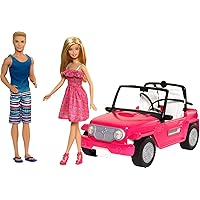Barbie Car Beach Cruiser with Barbie Doll in Sundress and Ken Doll in Beach Outfit, Pink 2-Seater Open Toy Car (Amazon Exclusive)
