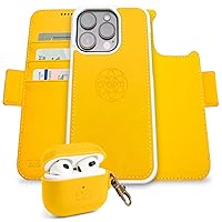 Dreem Bundle: Fibonacci Wallet-Case for iPhone 14 Pro Max with Om for Apple AirPods 3 Case [Yellow]