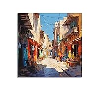 Moroccan Street Art Print, Marrakech Art, Morocco Oil Painting, Morocco Art Prints, Morocco Home Dec Canvas Painting Posters And Prints Wall Art Pictures for Living Room Bedroom Decor 20x20inch(50x50