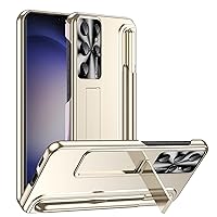 ZIFENGX-Case for Samsung Galaxy S23ultra/S23plus/S23, Hidden Stand Camera Hole Protective Case Luxury Electroplated Cover with Pen (S23 Ultra,Gold)