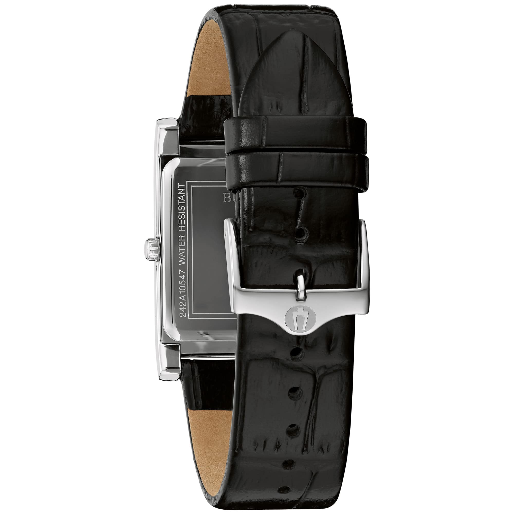 Bulova Men's Stainless Steel 3-Hand Calendar Date Quartz Watch with Black Leather Strap, Rectangle Dial Style: 96B107