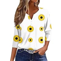 3/4 Sleeve Womens Tops Summer Shirts for Women 2024 Sunflower Print Fashion Pretty Loose Fit with 3/4 Sleeve Henry Print Blouses Beige Medium