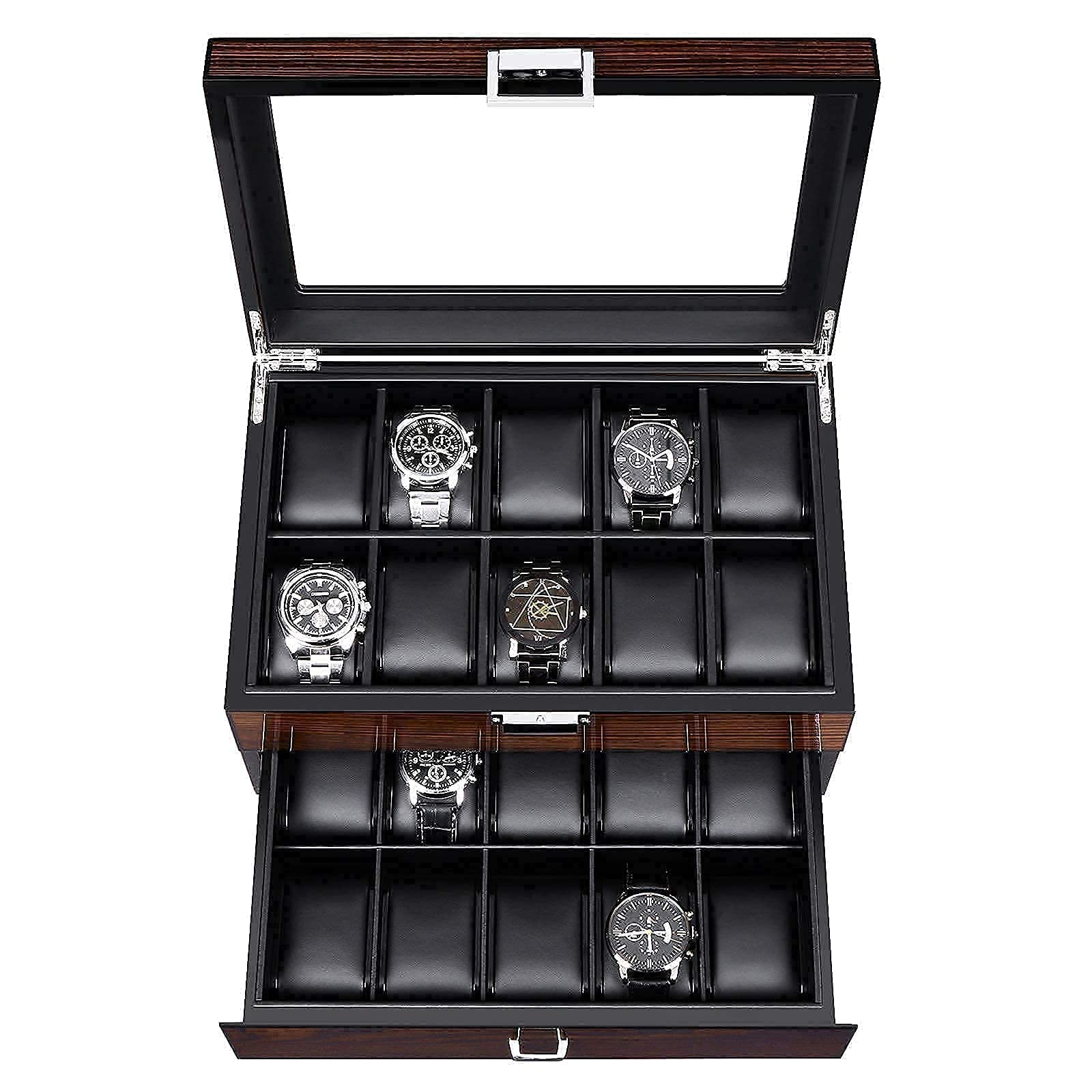 BEWISHOME Watch Box 20 Slots Watch Case for Men &Sunglasses Organizer, 8 Slot Sunglasses Case for Men,Bundle