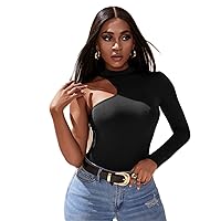 Women's Tops Sexy Tops for Women Shirts Asymmetrical Neck Solid Slim Top (Color : Black, Size : Medium)
