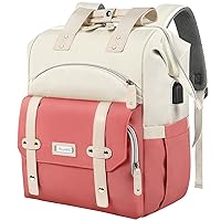 FALANKO Laptop Backpack for Women,Teacher Doctor Nurse Work Purse Bag for 15.6 Inch Laptop, Wide Open backpack With USB Charging Port RFID Pocket, Large, Water Resistant, White-Pink