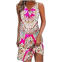 Ethnic Style Womens Mini Dress Button V Neck Fashion Print Sundress Summer Vacation Sleeveless Henley Shirt Dresses