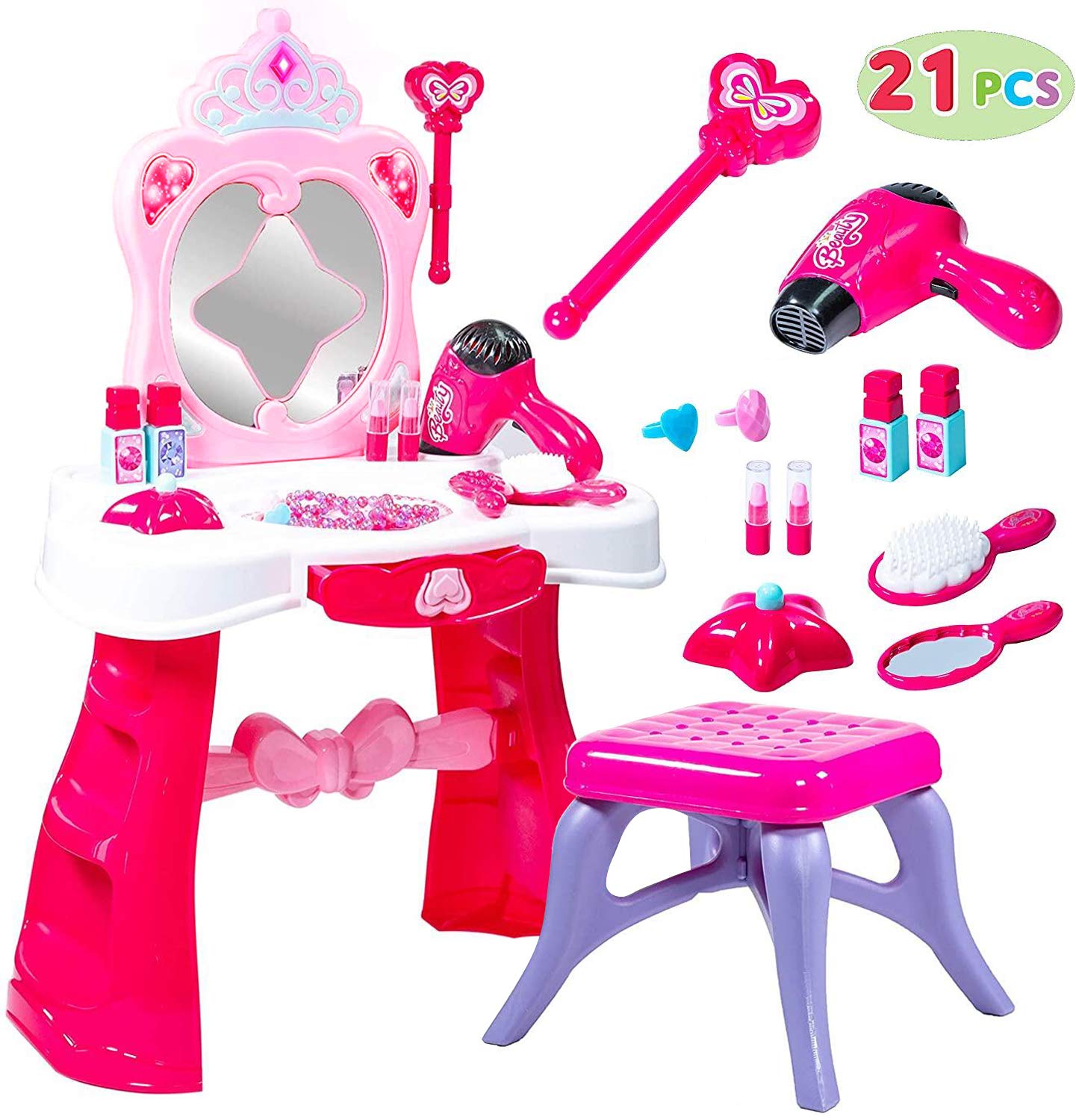 JOYIN Toddler Fantasy Vanity Beauty Dresser Table Play Set with Lights, Sounds, Chair, Fashion & Makeup Accessories for Kid and Pretend Play, Toy for 3,4,5 yrs Kids