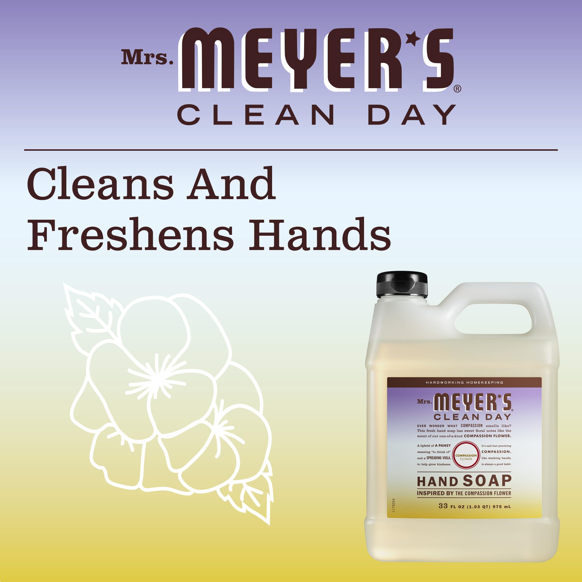 MRS MEYER’S CLEANDAY Hand Soap Refill, Made with Essential Oils, Biodegradable Formula, Compassion Flower, 33 fl. oz