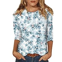 Women's Summer Tops Fashion Casual 3/4 Sleeve Print Stand Collar Pullover Top with Pockets, S-3XL