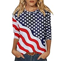 Womens Tops Independence Day 3/4 Sleeve T-Shirt 4Th of July Crew Neck Blouse American Flag Print Shirt Patriotic Shirt