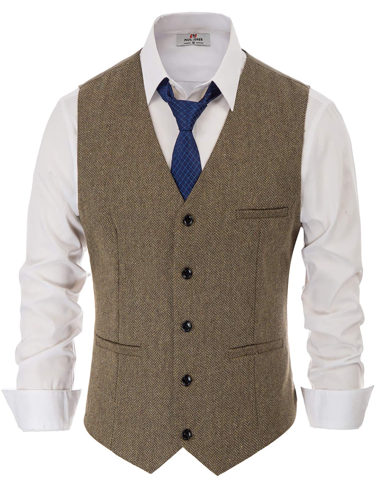 PJ PAUL JONES Men's Western Herringbone Tweed Suit Vest Wool Blend V Neck Slim Fit Waistcoat