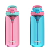 Contigo Aubrey Kids Cleanable Water Bottle with Silicone Straw and Spill-Proof Lid, Dishwasher Safe, 20oz 2-Pack, Azalea/Jade & Blue Raspberry/Azalea