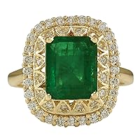 3.11 Carat Natural Green Emerald and Diamond (F-G Color, VS1-VS2 Clarity) 14K Yellow Gold Engagement Ring for Women Exclusively Handcrafted in USA