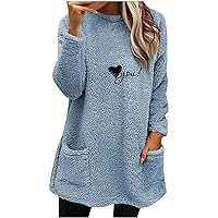Fleece Tops for Women Fall Warm Soft Fuzzy Tunic Pullover Pockets Loungewear Lightweight Long Sleeve Crewneck Shirts