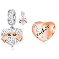 2pcs Set Rose Gold I Love You Nana and Mother Heart Charms Fit DIY Bracelet, in 925 Sterling Silver, Christmas Gift for Grandma