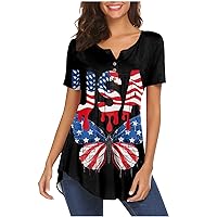 Women's T Shirts 4th of July Plus Size Short Sleeve Tee Shirt Casual 2024 Summer Button Blouse Tops