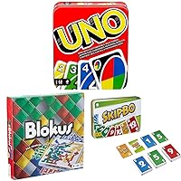 Mattel Games UNO Family Card Game in Sturdy Storage tin, Blokus Game, and Skip Bo Card Game in Decorative tin, Perfect for Fun Family Game Night, Kids Gift for Ages 7+
