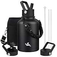 Insulated Water Bottle with Straw,50oz 3 Lids Water Jug with Carrying Bag,Paracord Handle,Double Wall Vacuum Stainless Steel Metal Flask,Black