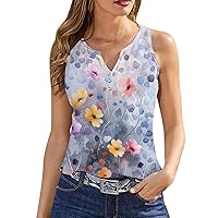 Tank Top for Women 2024 Summer Sleeveless Going Out Casual Vintage Print Button Down Henley V-Neck Shirts