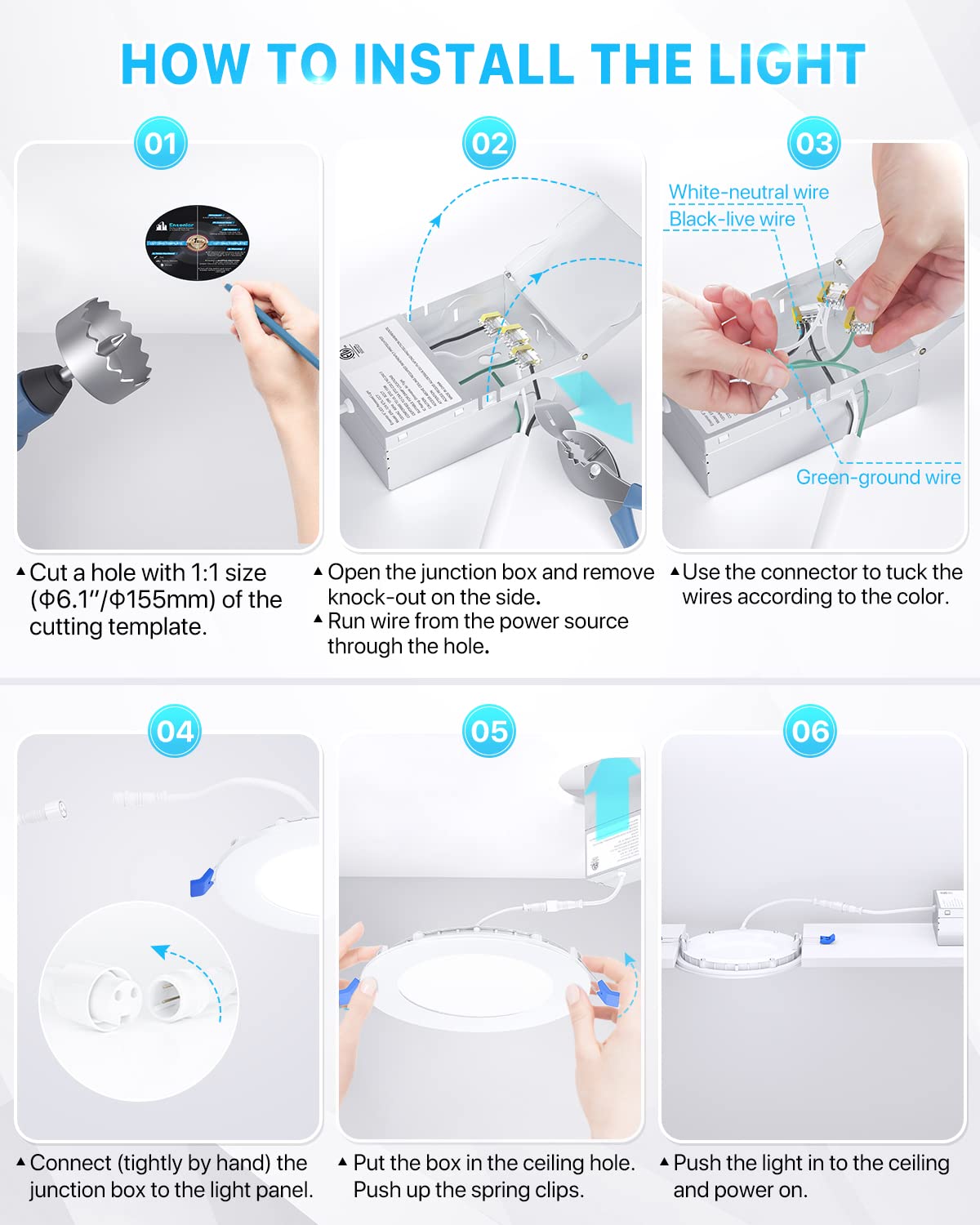 Ensenior 16 Pack Ultra-Thin LED Recessed Lighting 6 Inch 5CCT with Junction Box, 2700K-5000K Selectable, 12W 110W Eqv, Dimmable Can-Killer Downlight, 1050LM High Brightness - ETL&Energy Star