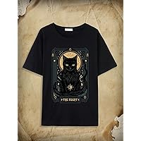 Women's T-Shirt Cat Graphic Drop Shoulder Tee T-Shirt for Women (Color : Black, Size : Small)