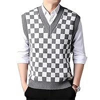 Men Knit Vest Checkered Checkboard Plaids Sleeveless Jumpers Sweater Pullover V Neck Basic For Autumn Winter