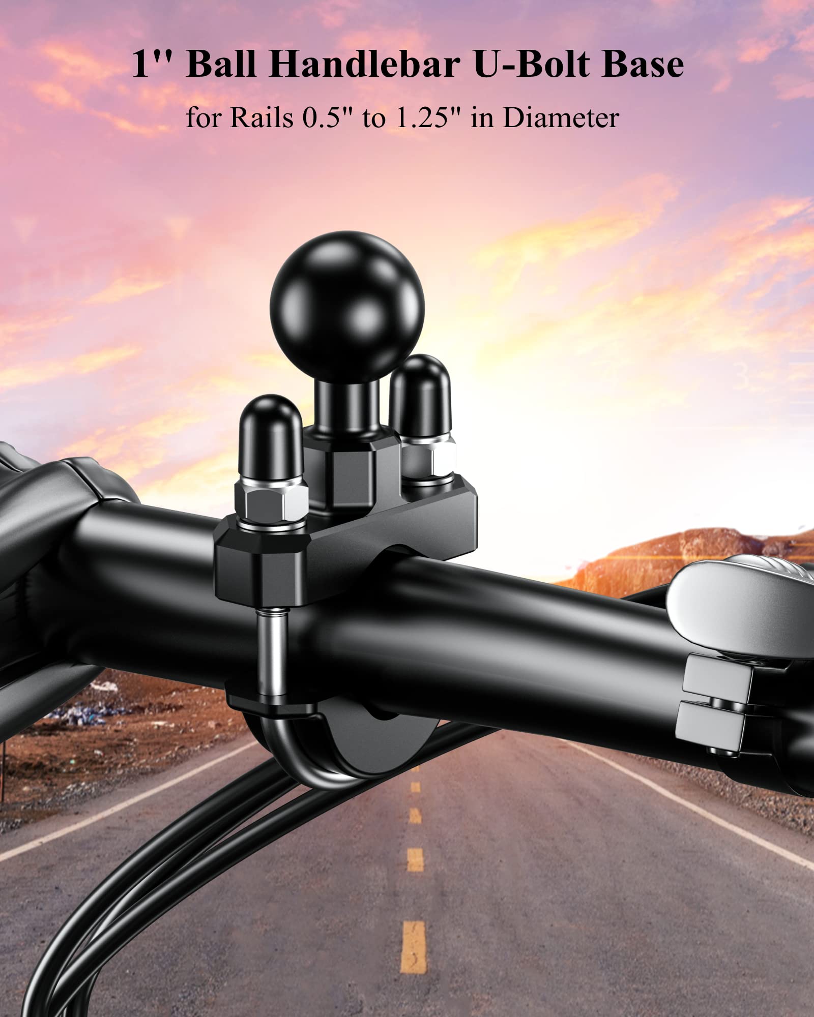 BRCOVAN Handlebar U-Bolt Mount Base with 1'' TPU Ball for Rails 0.5'' to 1.25'' in Diameter, Compatible with RAM Mounts B Size 1 inch Ball Double Socket Arm & Bike Motorcycle Phone Holder