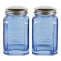 RSVP International Jumbo Retro Glass Salt & Pepper, Screw On Stainless Steel Lid, Each Shaker Holds 8 Ounces, 2.25x2.25x4.6, Blue