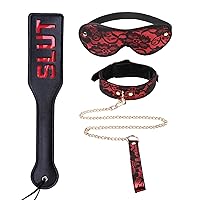Bondage Lace Collar with Metal Lead and BDSM Blindfold, SLUT Spanking Paddle for Adults Sex Toys
