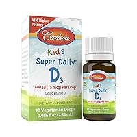 Carlson - Kid's Super Daily D3, Kids Vitamin D Drops, 600 IU (15 mcg) per Drop, Vegetarian, Liquid Vitamin D Drops for Kids, Unflavored, 90 Drops (2.54 mL)