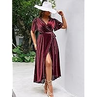 Plus Women's Dress Plus Flutter Sleeve Overlap Collar Wrap Hem Belted Velvet Dress (Color : Burgundy, Size : X-Large)