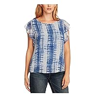 Vince Camuto Womens Blue Ruffled Printed Short Sleeve Scoop Neck Top Size: XXS