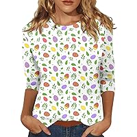 Ladies Three Quarter Sleeve Tshirt Tops Round Neck Shirt Daily Blouse Easter Print Dressy Daily Tunic Trendy Casual Tee