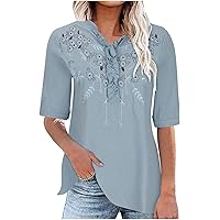 Summer Embroidered Tee Tops Women Button Frill Trim V Neck T-Shirts Vintage Floral Peasant Boho Short Sleeve Blouses