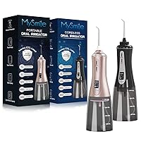 MySmile Powerful Cordless 350ML Water Flosser Portable OLED Display Oral Irrigator Teeth Cleaner Black and Rose Gold Combo with 5 Pressure Modes 8 Replaceable Jet Tips and PU Storage Bag