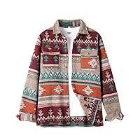 Men's Casual Aztec Print Button Down Woolen Long Sleeve Lightweight Lapel Western Shacket Jacket Coat