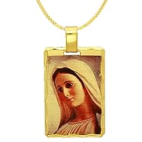 14k Gold Heavy Plated Scallop Framed Virgin Mary Portrait Pendant + Chain Necklace Choose Style (Rope, Figaro, or Curb) Set