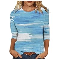 Summer Blouses for Women Ethnic Slim Fit Tees 3/4 Sleeve Tshirts Slim Cute Summer Blouse Floral Crewneck Shirts