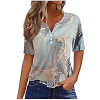 Womens Vintage Tops Henley Neck Buttons Shirts Summer Short Sleeve Dressy Blouses 2024 Fashion Marble Print T-Shirts