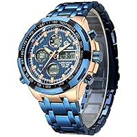 GOLDEN HOUR 高級ステンレススチールアナログデジタル腕時計 メンズ メンズ アウトドア スポーツ 防水 ビッグヘビー腕時計, ローズゴールド ブルー, デジタル、クォーツムーブメント。