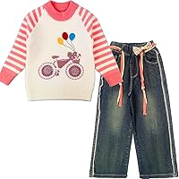 Peacolate 18M to 5Y Rainbow Sweater & Strawberry Embroidery Jeans Clothing Set for Toddler&Little Girls