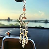 Hanging Car Charm, Handmade Crystal Window Car Hanging Ornaments, Dangling Moon, Healing Crystal Accessories, Rearview Mirror Decorations - Protection, Love, Energy (Dragonfly Moon)