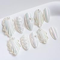 Sun&Beam Nails Handmade Press On Nail Medium Long Almond Oval Pink White Pearl Shell Fake Tip 3D Design Art Charms Cute with Storage Box 10 Pcs (White-L)
