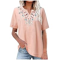 Linen Shirts for Women 2024 Summer Tops Short Sleeve Boho Blouses Loose Fit Tshirts Ethnic Print Tunic Tops Soft Tees, Tshirts Shirts for Women, Dressy Tops for Women