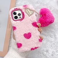 Losin Compatible with iPhone 14 Pro Max Plush Furry Case with Cute 3D Love Heart Fuzzy Ball Pendant Fashion Fuzzy Fluffy Fur Case Luxury Bling Glitter Diamond Rhinestones for Women Girls Girly