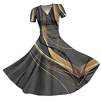 Rockabilly Dresses for Women Princess Dress Sexy V-Neck Solid Color Block Gradient Print Short Sleeve Swing Dress