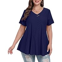 BELAROI Plus Size Tops for Women Summer Casual Shirts V-Neck Button Short Sleeve Tunic Loose Eyelet T-Shirts Blouse Dressy
