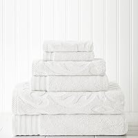 Modern Threads 6-Piece, 2 Bath Towels, 2 Hand Towels, 2 Washcloths, Medallion Jacquard/Solid Ultra Soft 550GSM 100% Combed Cotton Towel Set White