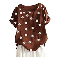 Summer Women Cotton Linen Tshirt Tops Casual Loose Fit Trendy Flowers Tunic Tees Short Sleeve Plus Size Button Blouses